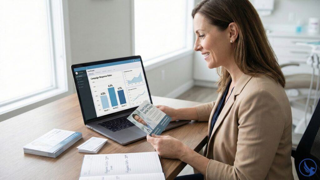 Postcard printing for dental offices - case study results showing 127 patients reactivated over 90 days with monthly response rate tracking and ROI analytics