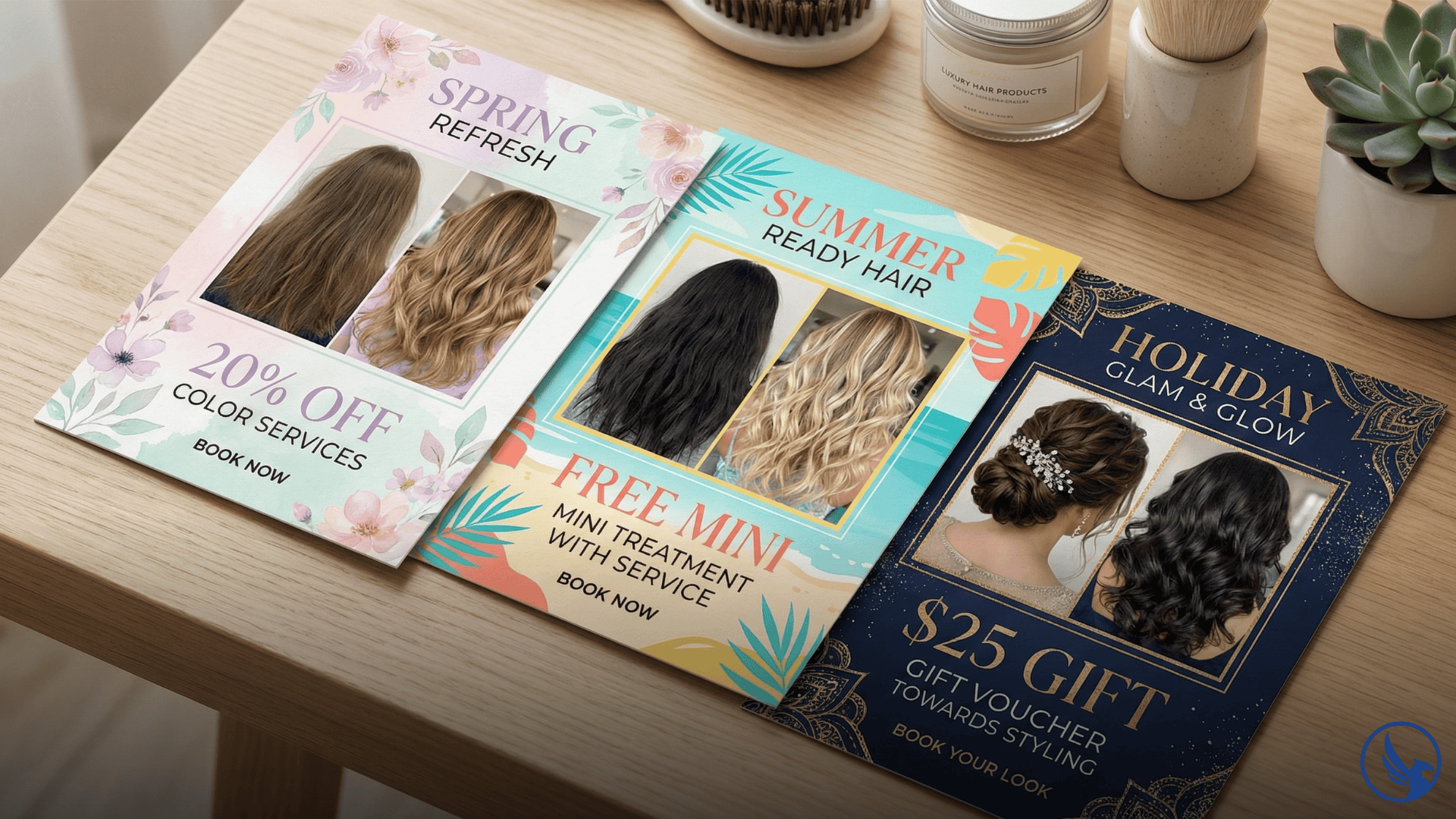 Professional postcard printing for salon promotions featuring hair color transformation before-and-after with seasonal discount offer