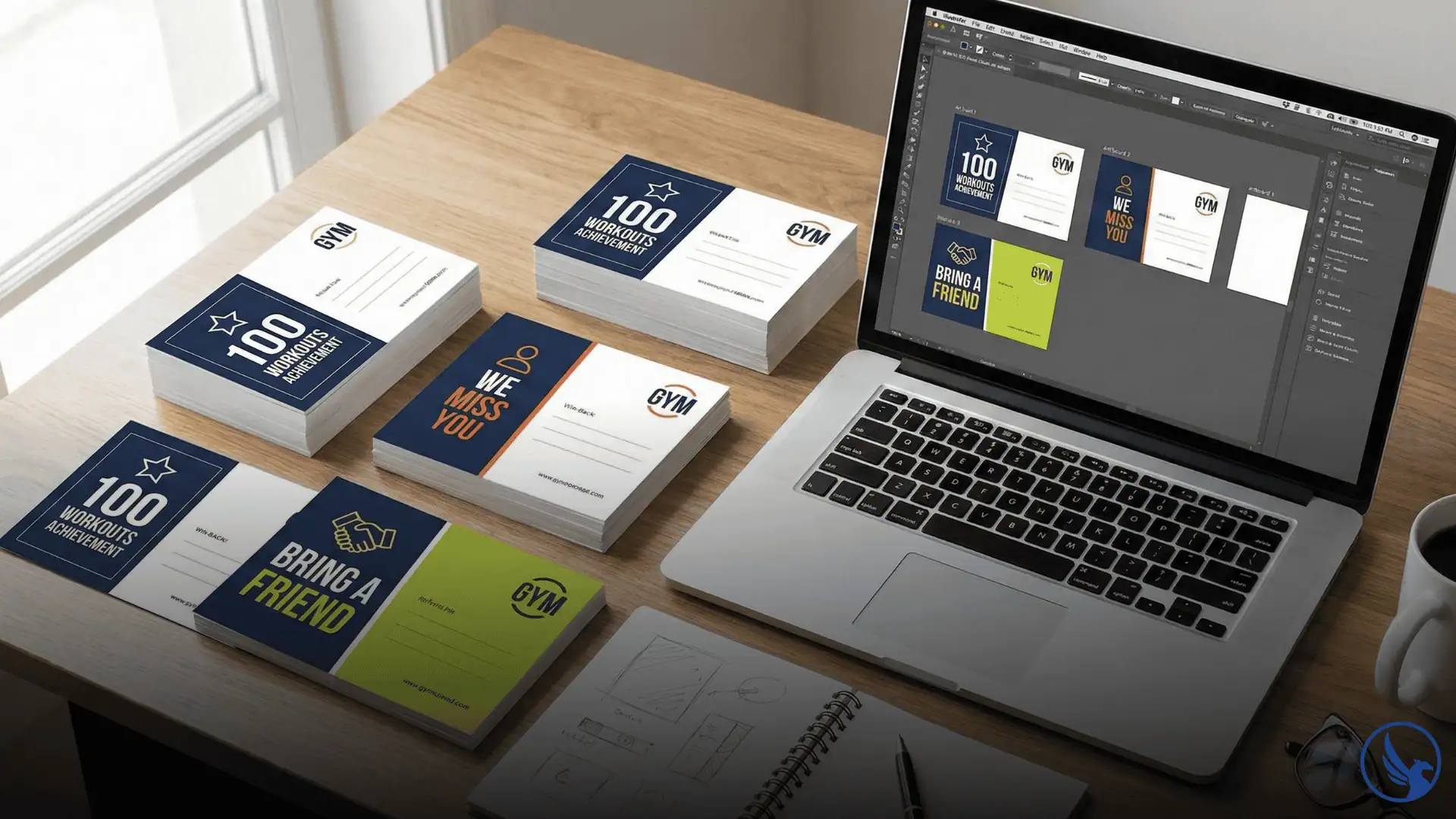 Gym postcard printing campaign materials displayed at fitness center reception desk with membership referral offers