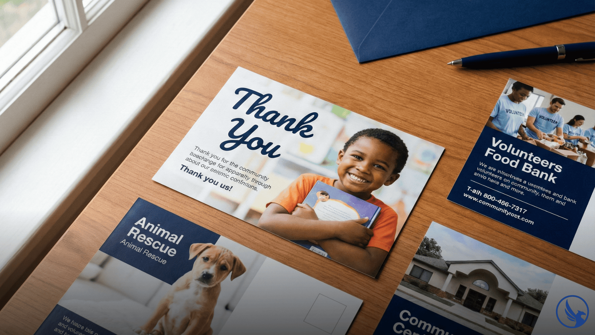 Cheap postcard printing for nonprofits showing various donation campaign designs on desk with envelope