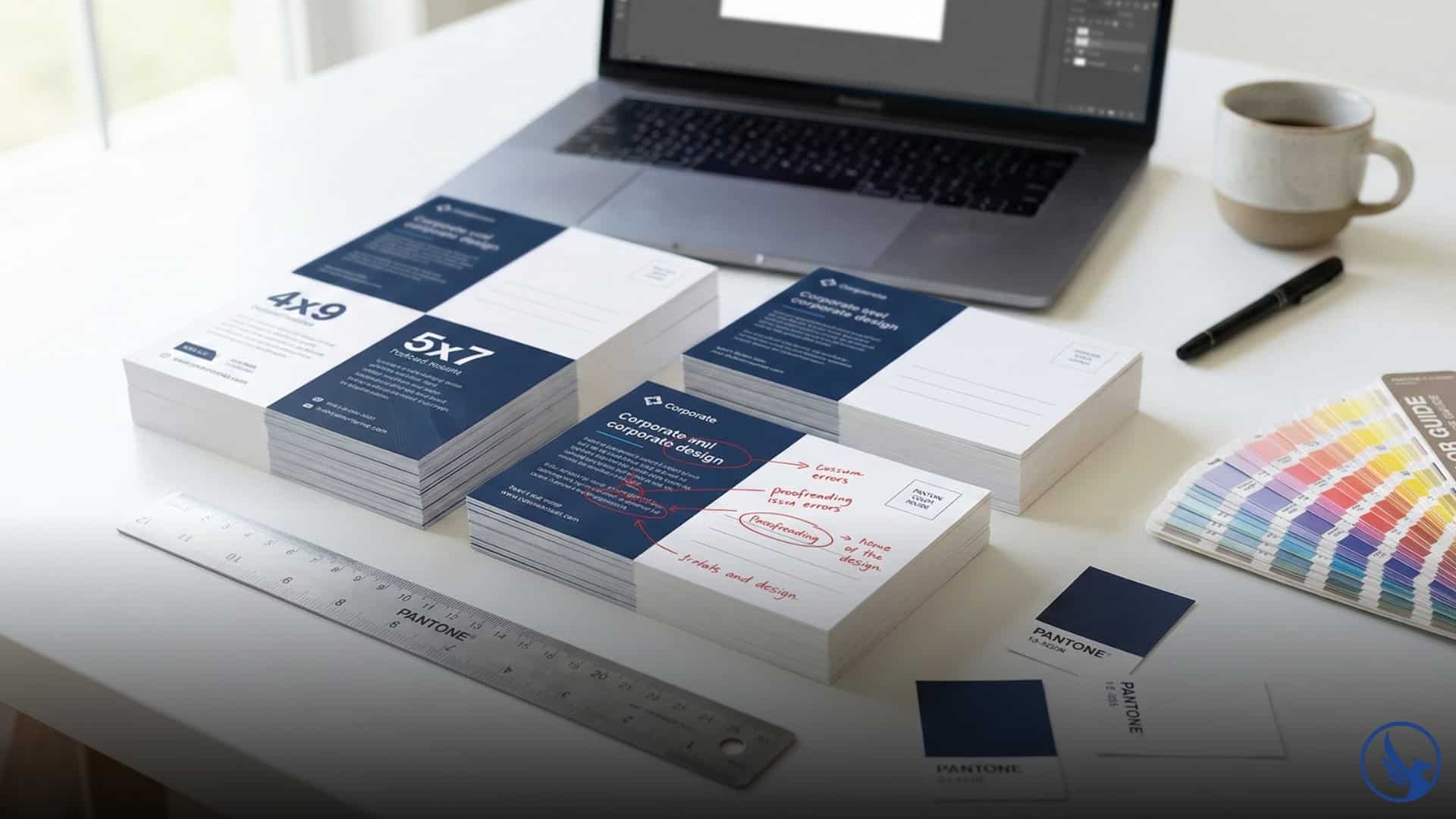 Professional designer's desk with postcards showing proofreading marks and design corrections for direct mail quality control