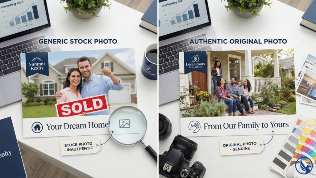 Comparison of generic staged stock photo postcard versus authentic original photography postcard showing difference in credibility and authenticity`