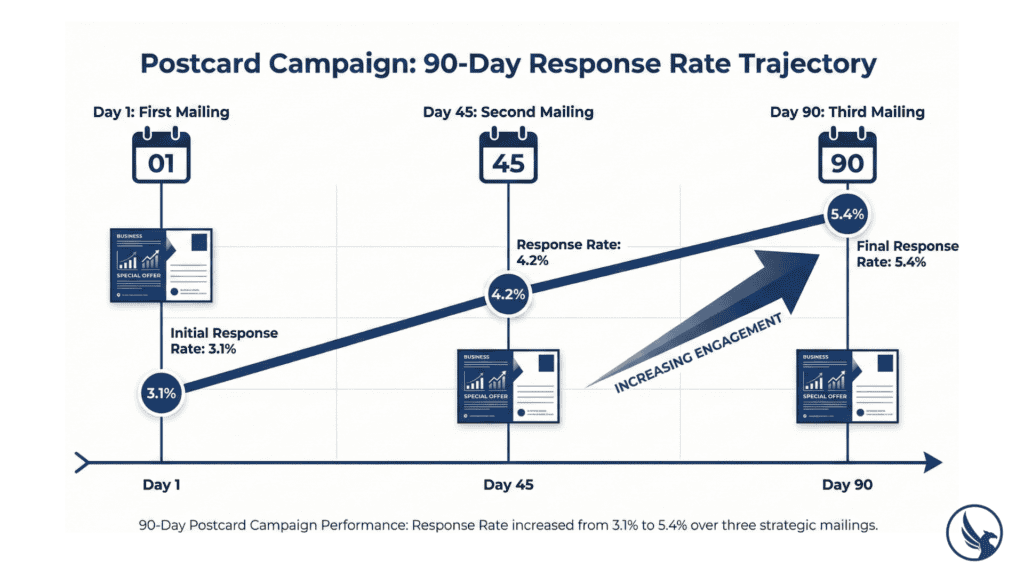 Postcard printing response rate statistics showing multi-touch campaigns increase response from 3.1% to 5.4% over time