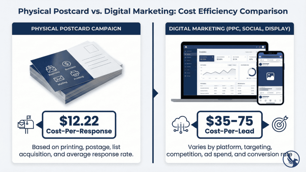 Cost-per-response comparison showing postcard printing response rate statistics deliver leads at $12 vs digital ads at $35-75