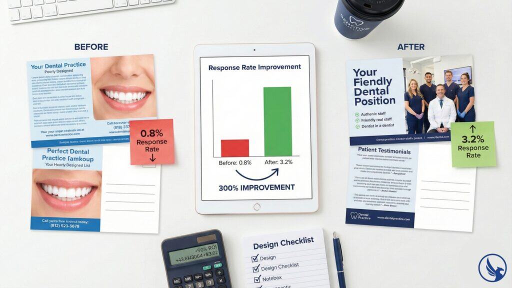 Business desk with postcard design comparison displaying real-world ROI improvement from fixing design mistakes with performance data`