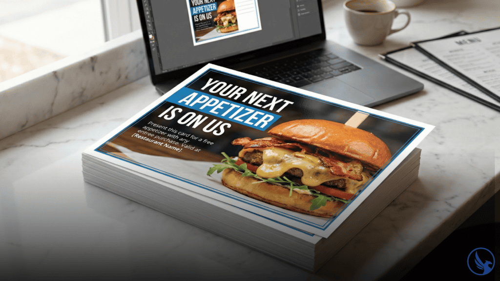 Professional postcard printing for restaurant design process showing layout templates and food photography proofs