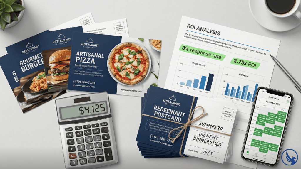 Postcard printing for restaurant direct mail campaign delivered to residential mailbox with special offer promotion