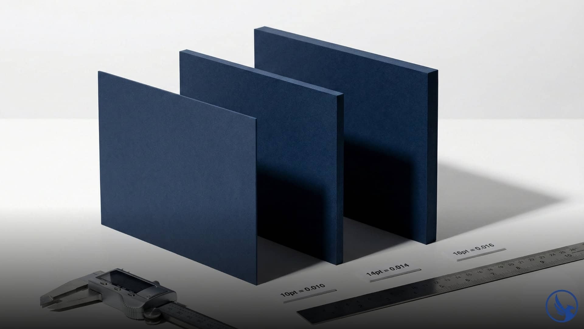 Three postcards showing thick postcard printing comparison: 10pt bending, 14pt standard durability, 16pt premium rigidity for mailing durability