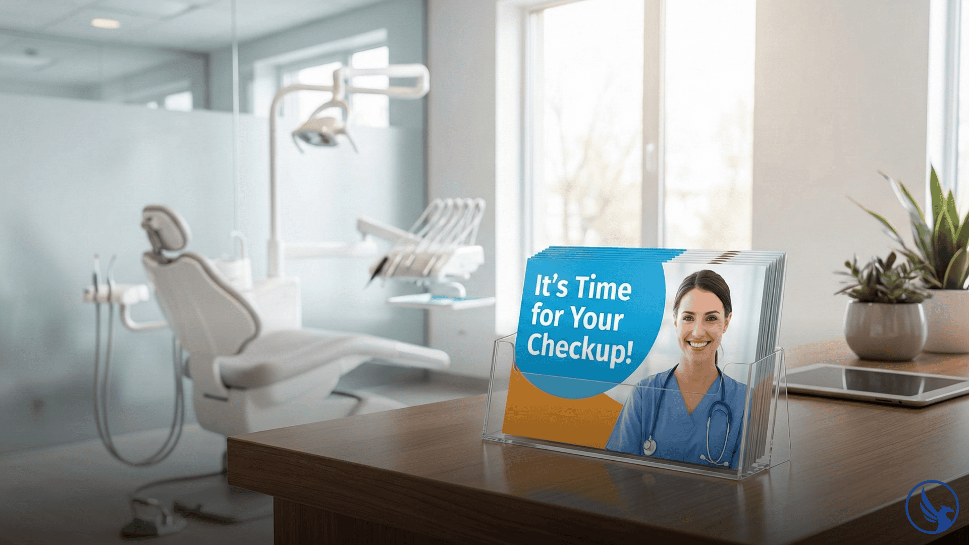 Postcard printing for dental offices - professional patient reactivation mailers displayed at modern reception desk with hygiene appointment reminders