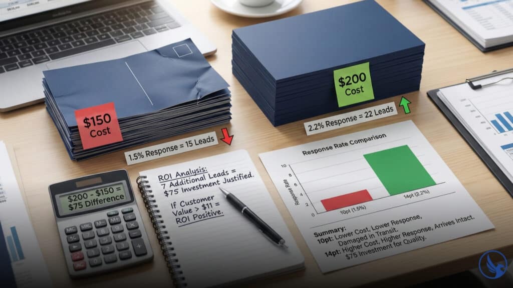 Business desk showing postcard thickness ROI analysis: 10pt versus 14pt cost and response rate comparison with calculator and performance data.