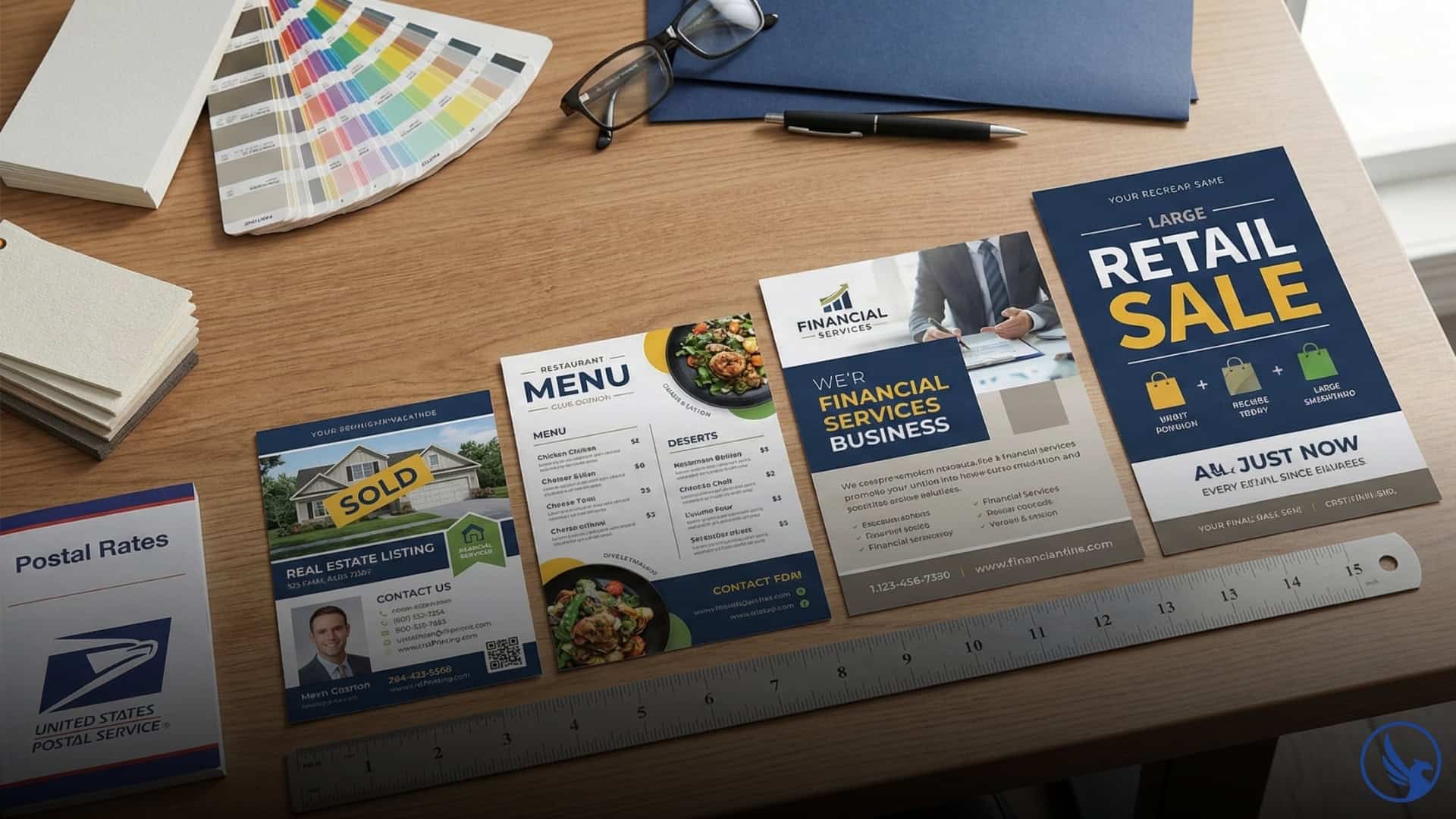 Different postcard sizes for direct mail printing displayed on desk: 4x6, 5x7, 6x9, and 6x11 inch postcards with USPS standards ruler and paper samples