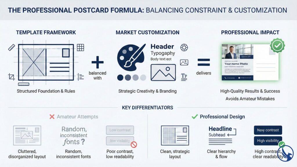 Professional diagram showing balance between template constraint and customization for effective postcard design