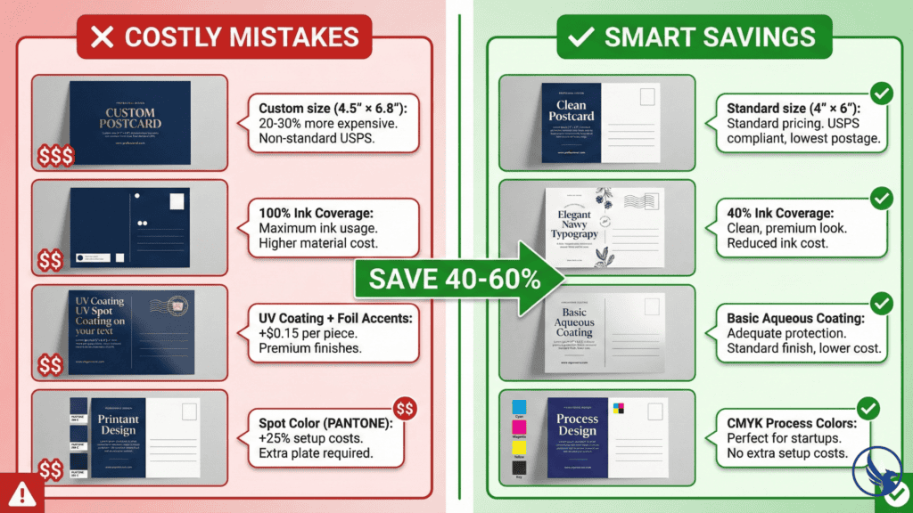 Cost-saving design choices comparison showing expensive vs budget-smart postcard printing options