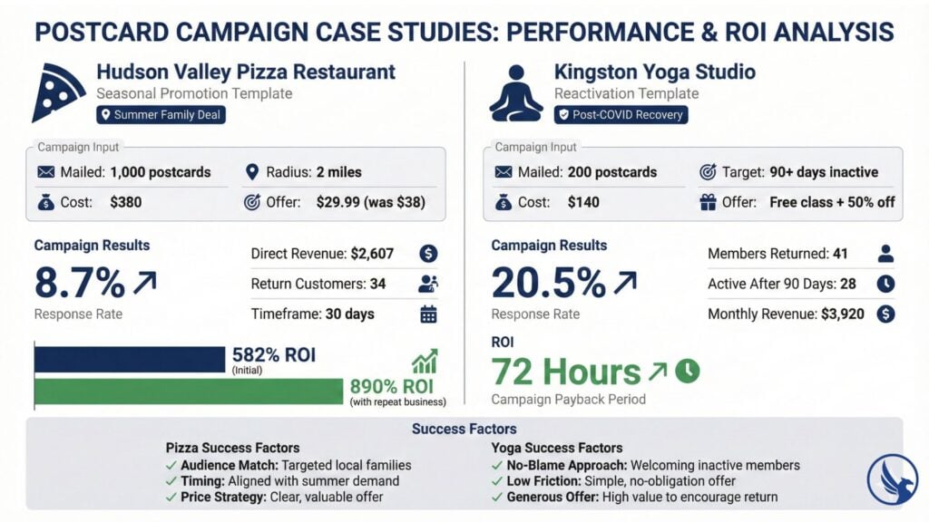 Real-world postcard campaign case study results comparing pizza restaurant and yoga studio direct mail performance metrics and ROI