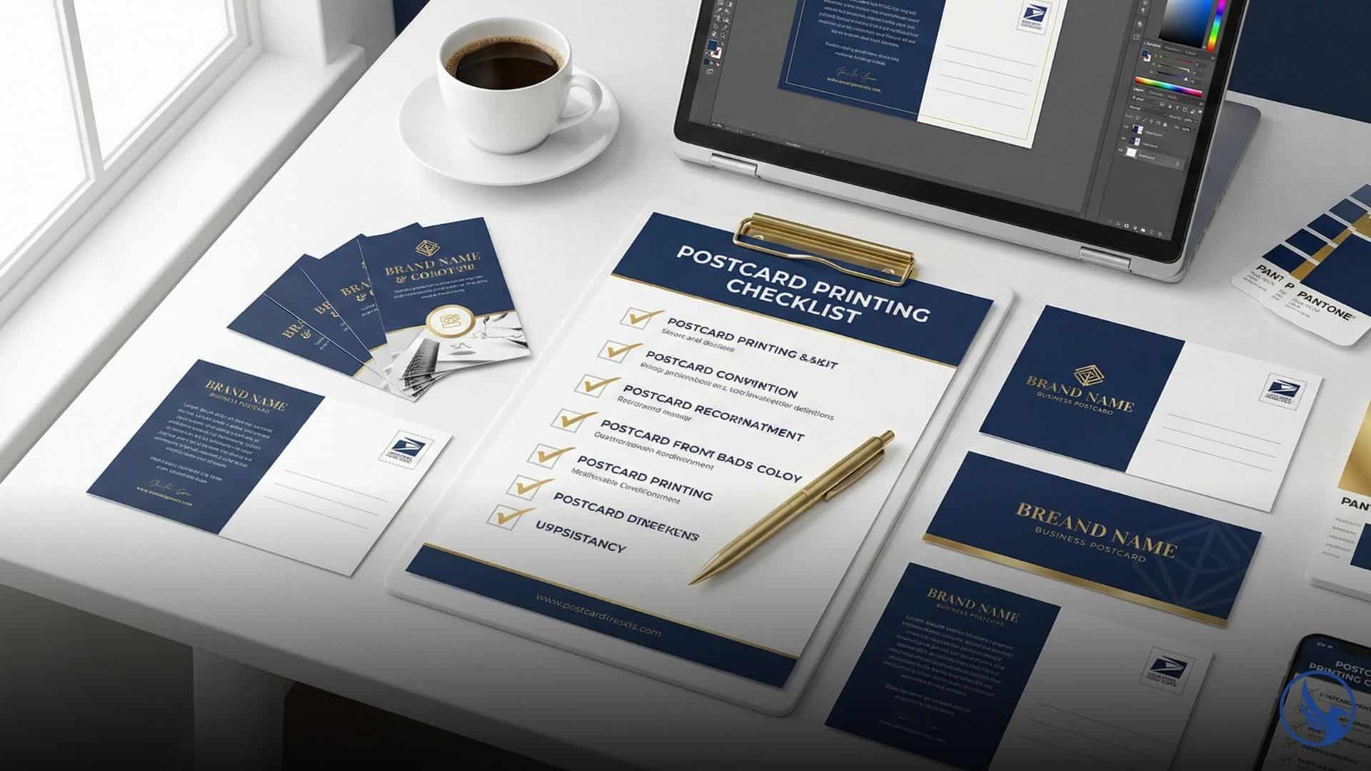Professional postcard printing workspace with navy blue postcards, checklist, and quality control tools on clean desk