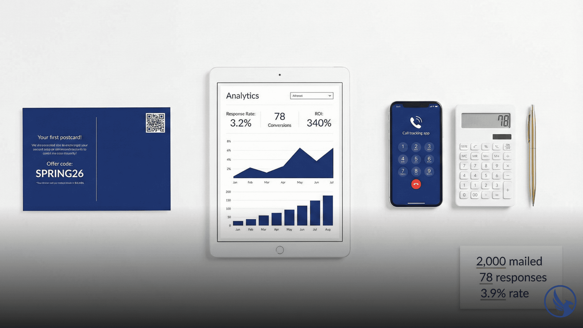 Minimalist postcard campaign tracking workspace showing response rate analytics, navy blue postcard with tracking code, and digital metrics dashboard