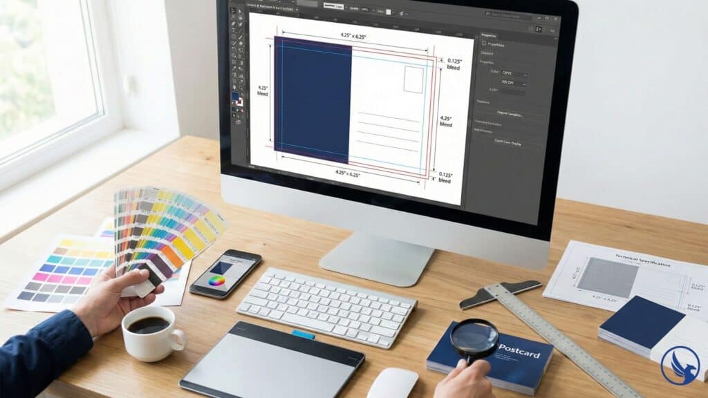 Professional graphic designer workspace showing postcard file preparation with CMYK color swatches, measurement tools, and design software displaying bleed and resolution specifications