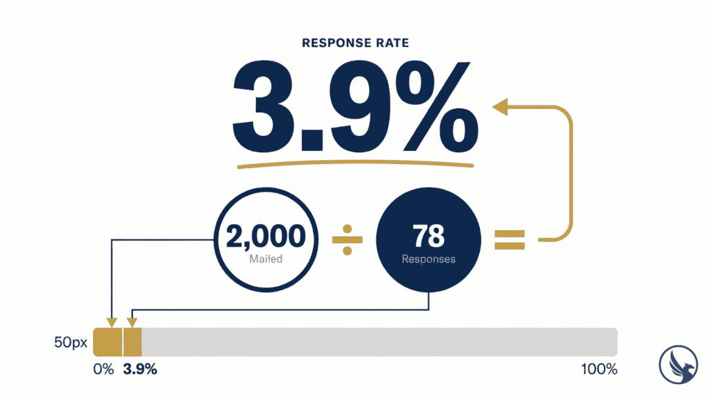 Bold response rate visualization showing 3.9% result with calculation breakdown: 78 responses from 2,000 mailed postcards, displayed with dramatic typography and progress bar