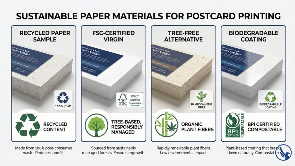Comparison of four sustainable postcard printing materials: recycled paper, FSC-certified virgin fiber, tree-free alternatives, and biodegradable coatings