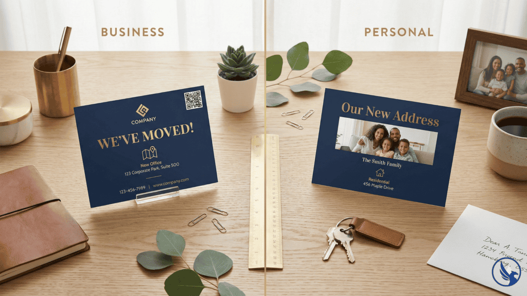 Three-wave moving announcement campaign timeline showing Week -6 first announcement, Week -2 reminder, and Week +2 confirmation with 94% customer retention results