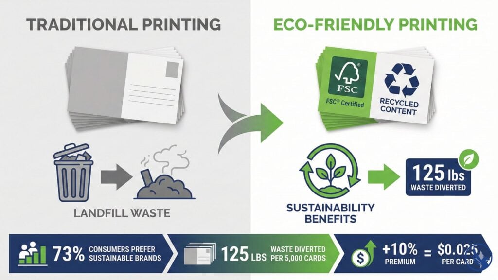Environmental impact comparison showing waste diversion and sustainability benefits of eco-friendly postcard printing materials