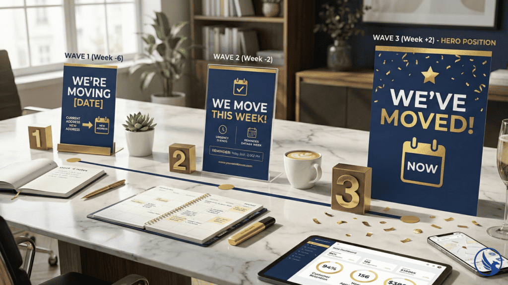 Three-wave moving announcement campaign timeline showing Week -6 first announcement, Week -2 reminder, and Week +2 confirmation with 94% customer retention results