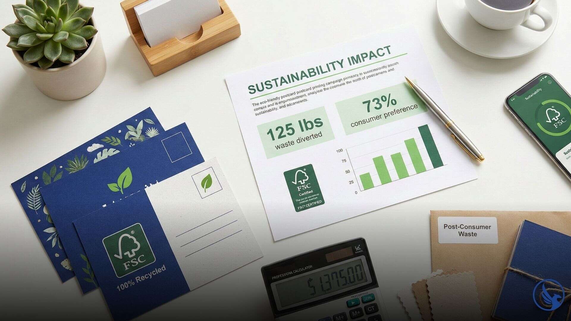 Professional eco-friendly postcard printing campaign workspace showing sustainability metrics, FSC-certified materials, and environmental impact calculations