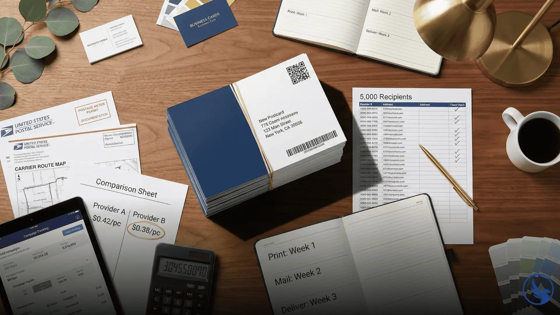 Professional bulk postcard mailing campaign workspace showing large postcard stack, provider pricing comparison, mailing list with 5,000 recipients, and campaign planning materials