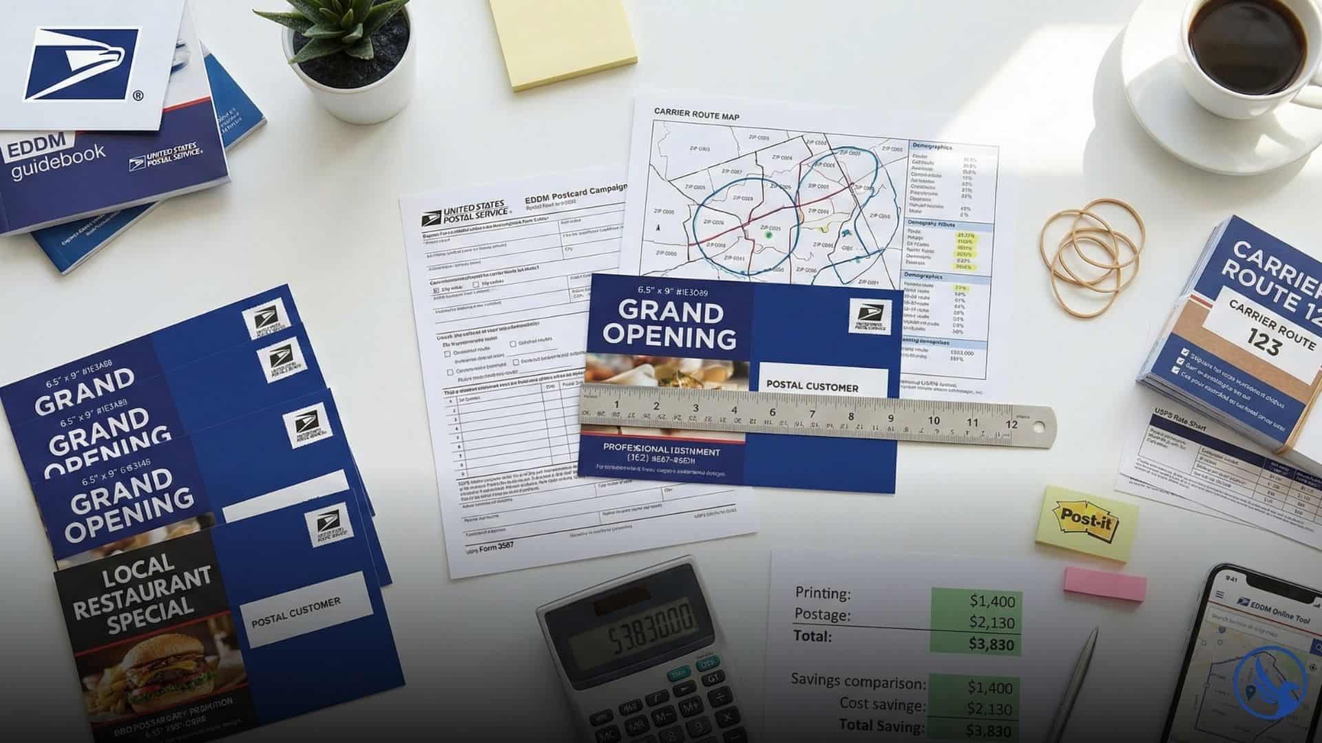 EDDM postcard printing campaign workspace showing USPS Form 3587, carrier route maps, cost calculations, and postal compliance materials