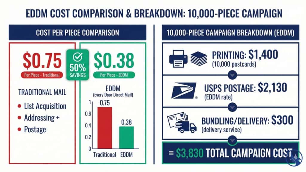 EDDM postcard printing cost breakdown showing $0.38 per piece savings compared to traditional direct mail