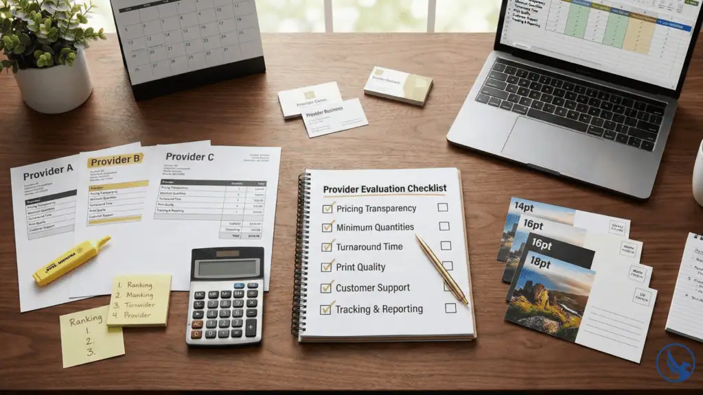 Professional provider evaluation workspace showing comparison checklist, multiple printer quotes, postcard quality samples, and decision-making materials