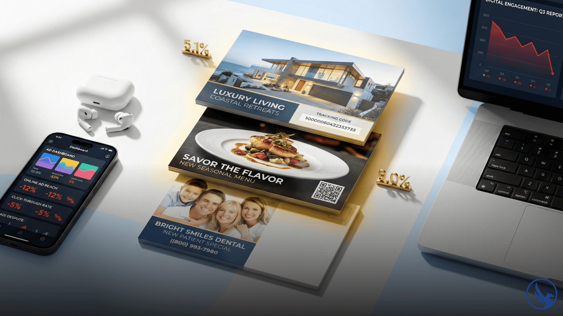 postcard printing vs digital ads comparison showing physical mail and smartphone with conversion rate data overlay