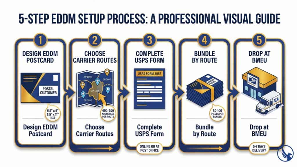 Five-step EDDM postcard setup process from design to USPS delivery