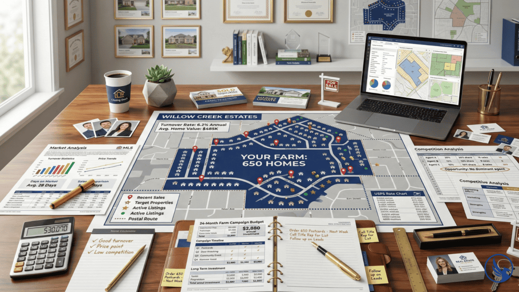 Real estate farm selection planning workspace showing neighborhood map with 650-home territory, market analysis, turnover data, and strategic planning materials