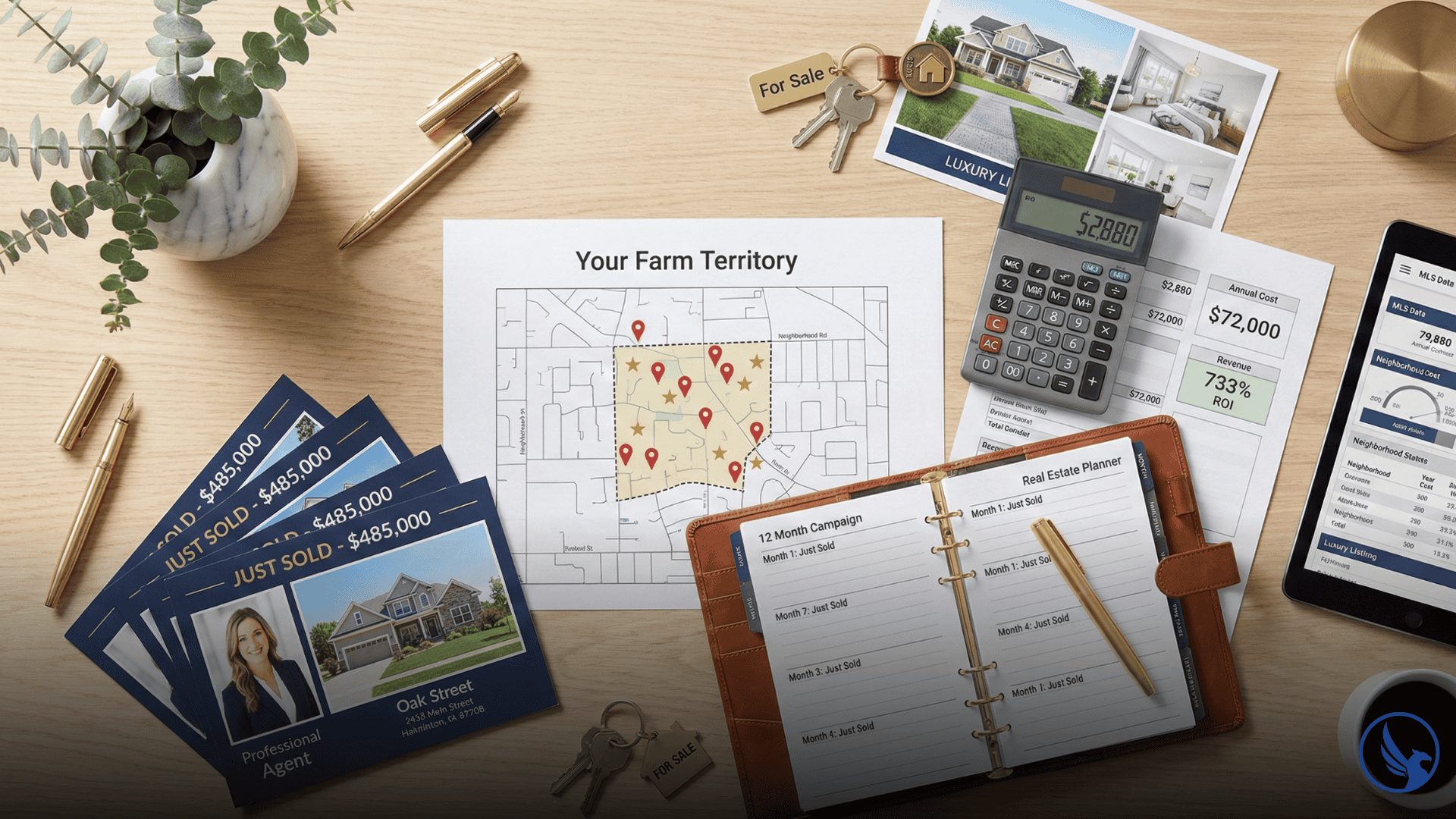 Professional real estate farming campaign workspace showing Just Sold postcards, neighborhood farm map, 12-month planning calendar, and ROI tracking materials