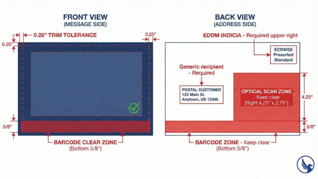 EDDM postcard design diagram showing required indicia placement, postal customer text, and clear zones for USPS compliance