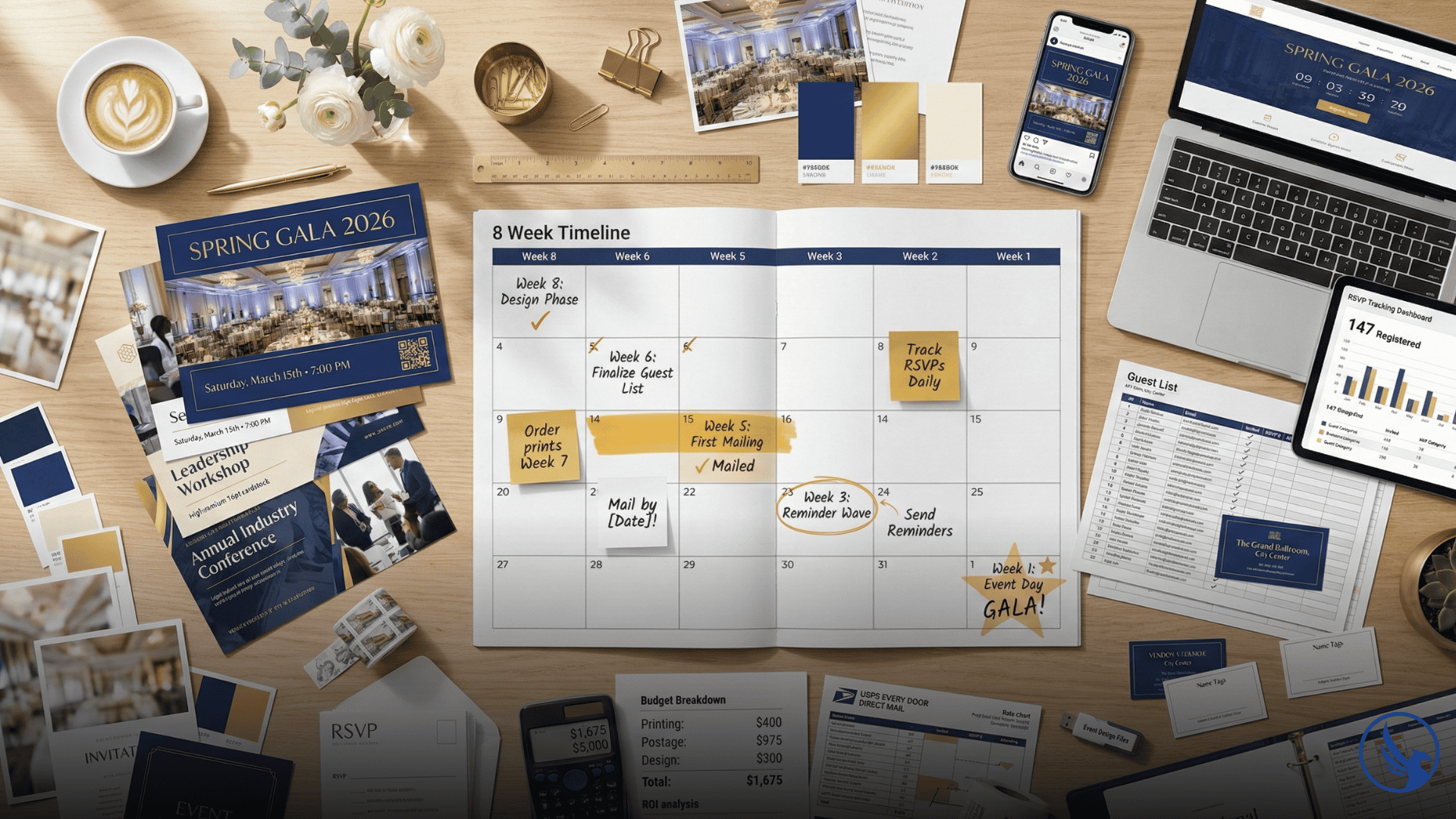 Professional event planning workspace showing postcard invitations, 8-week campaign timeline, RSVP tracking dashboard, and budget planning materials