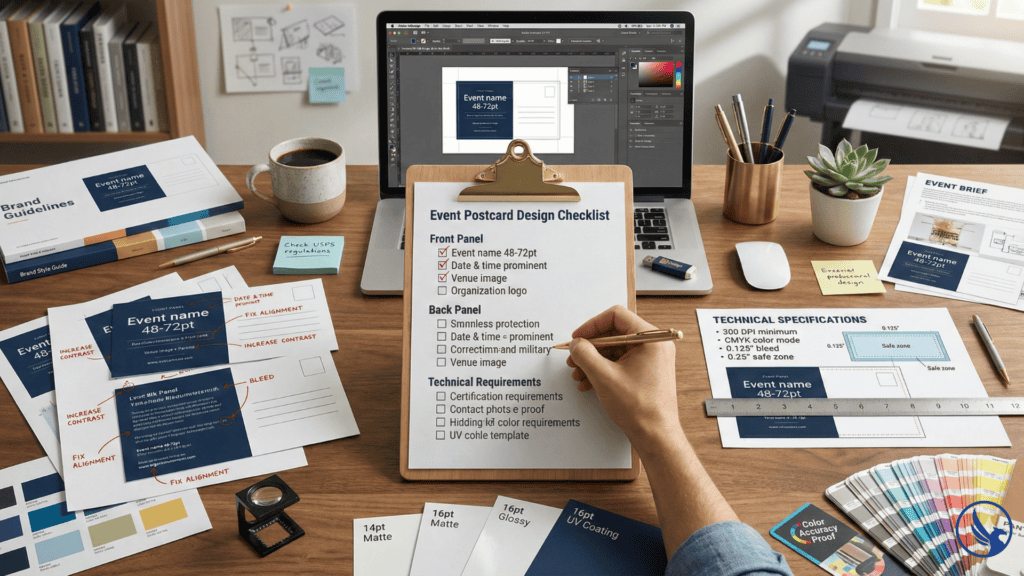 Professional event postcard design checklist workspace showing front and back panel requirements, print specifications, and quality control materials