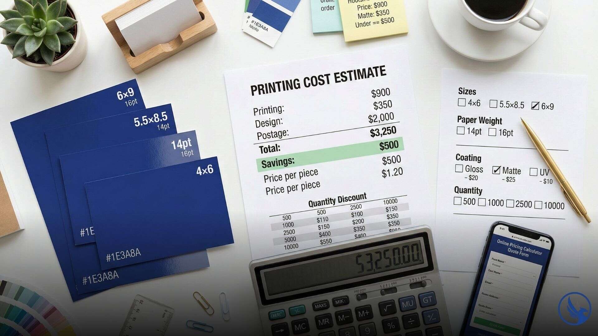 Postcard printing cost breakdown showing pricing calculator, specification options, volume discounts, and total campaign cost analysis
