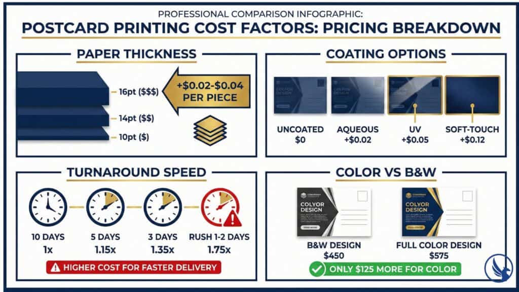 Postcard printing cost factors comparison showing paper thickness, coating options, turnaround time, and color pricing differences