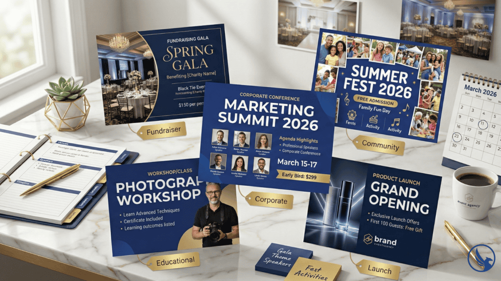 Five event postcard templates showing corporate conference, fundraising gala, community festival, workshop, and product launch designs