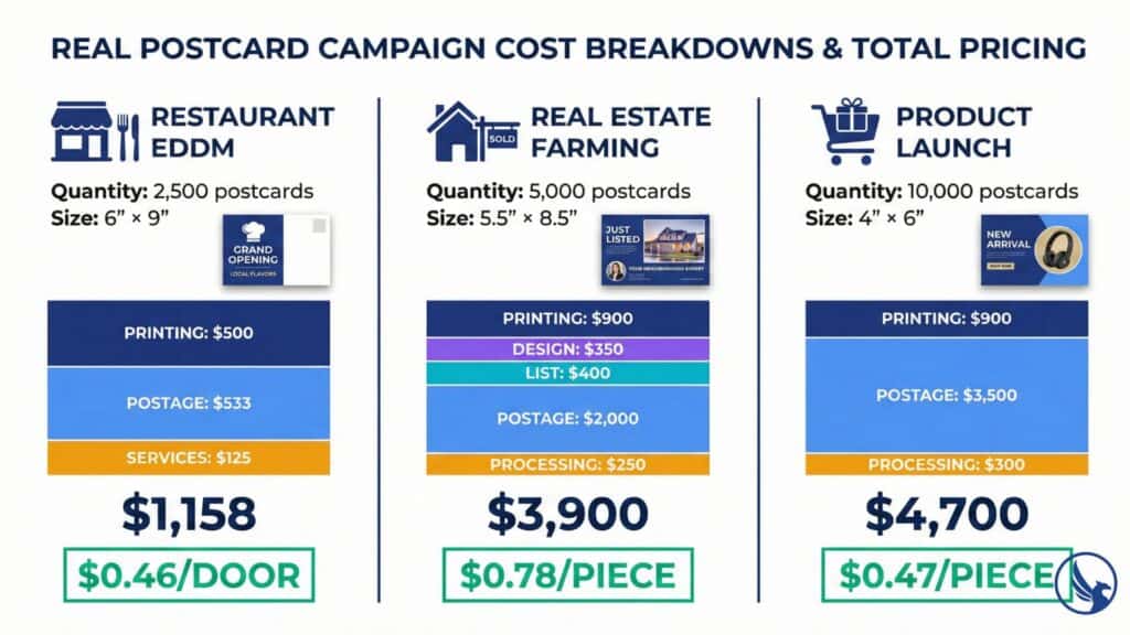 Three real postcard campaign cost examples comparing restaurant EDDM, real estate farming, and e-commerce launch total pricing and per-piece costs