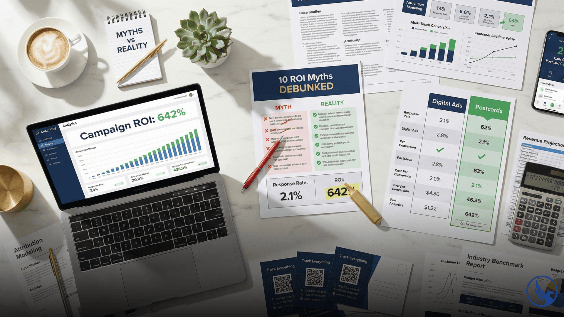 Professional marketing analytics workspace showing 642% postcard campaign ROI, myth vs reality comparison, and comprehensive tracking systems