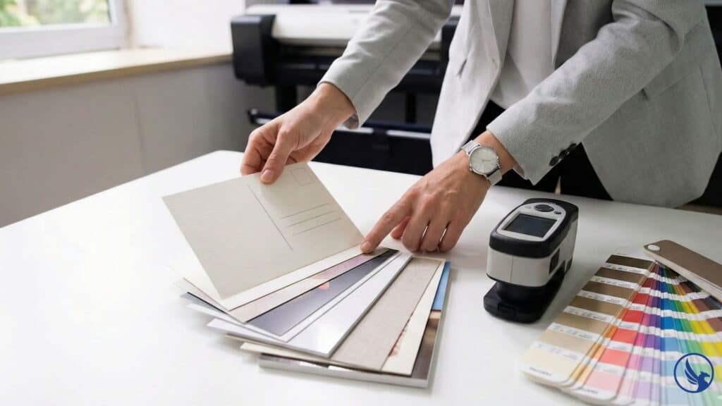 Designer hands arranging restaurant postcard samples on wooden desk with Pantone color guide, laptop showing Adobe InDesign interface, multiple paper stock textures and finishes displayed, professional print studio workspace with natural window lighting