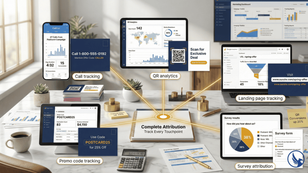 Five postcard tracking methods showing phone call analytics, QR code scans, landing page conversions, promo code redemptions, and survey attribution