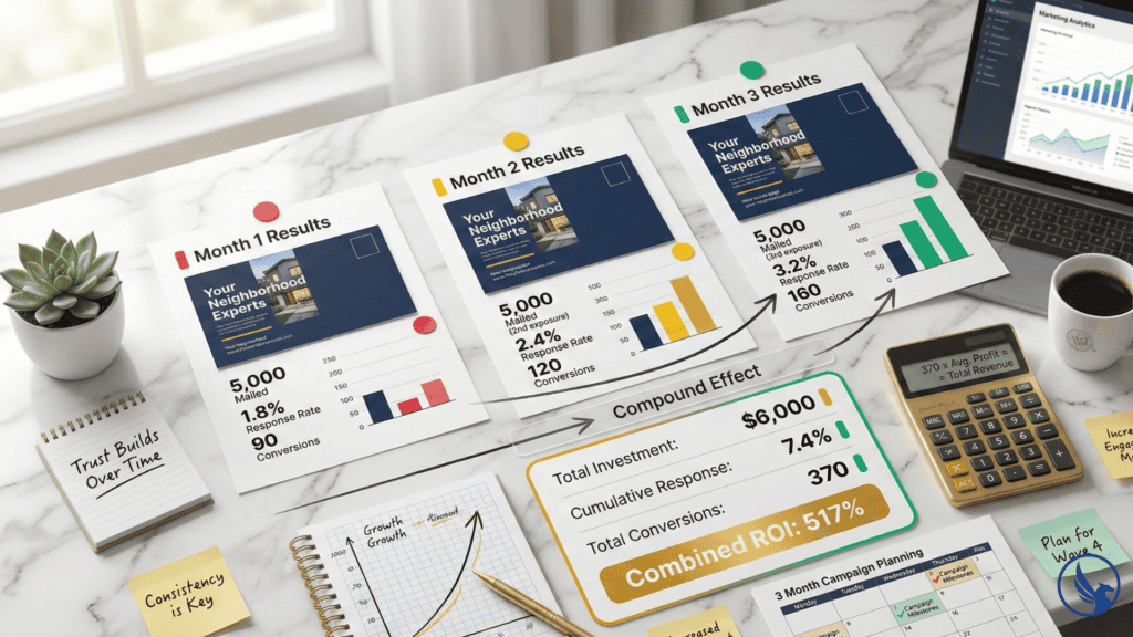Three-month progressive postcard campaign showing response rate improvement from 1.8% to 3.2% with cumulative 7.4% response and 517% ROI