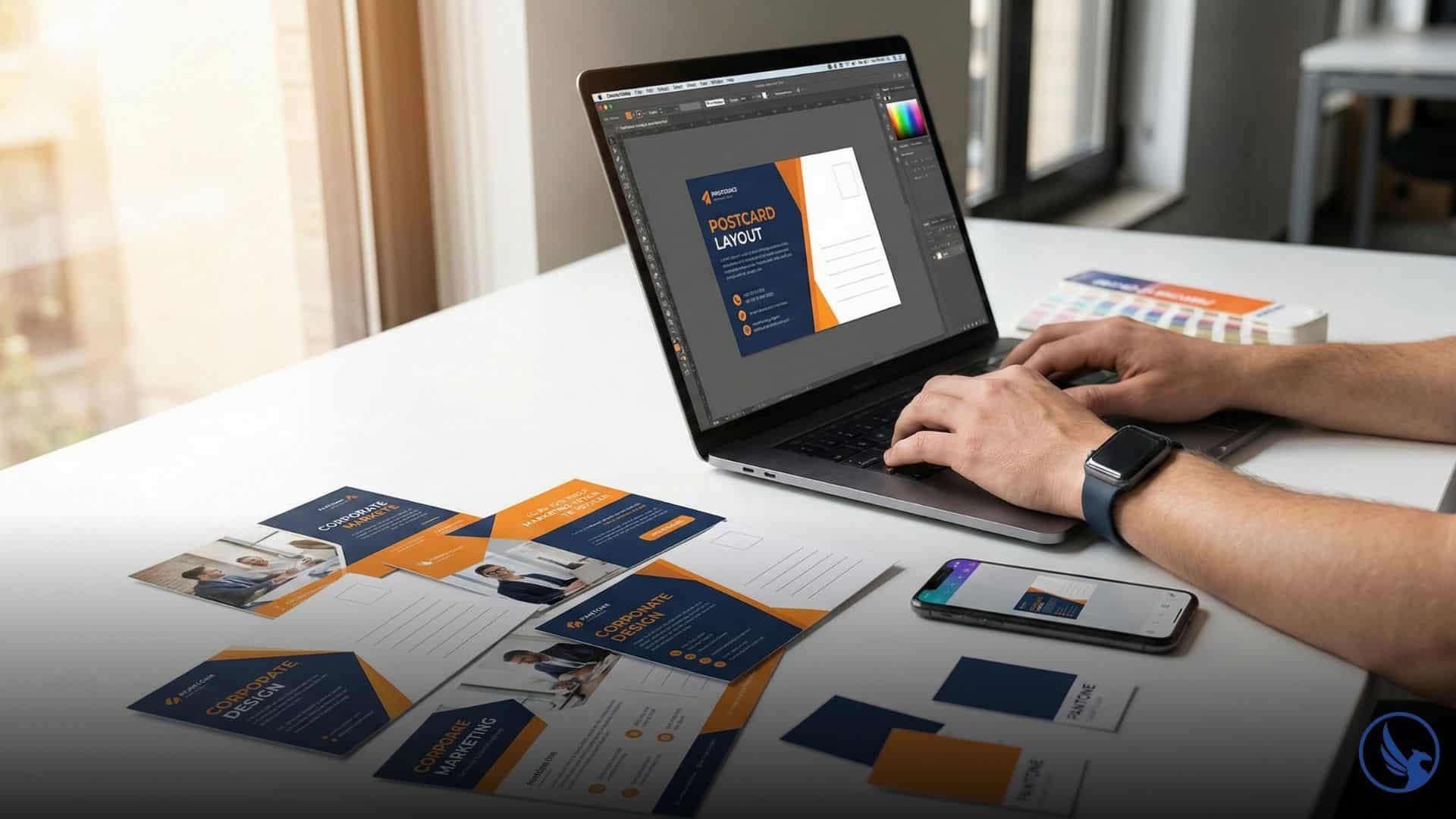 Modern workspace with laptop displaying postcard design software, printed business postcards in navy and cream arranged on white desk, smartphone showing mobile design app, coffee cup and marketing materials, professional office setting with natural lighting