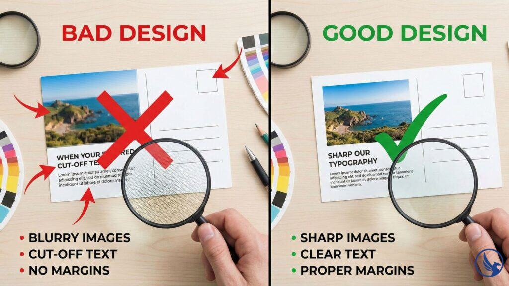 Side-by-side comparison of bad versus good postcard design quality, left showing blurry images and cut-off text marked with red X, right showing professional layout with proper margins marked with green checkmark, printed postcards examined with magnifying glass on desk