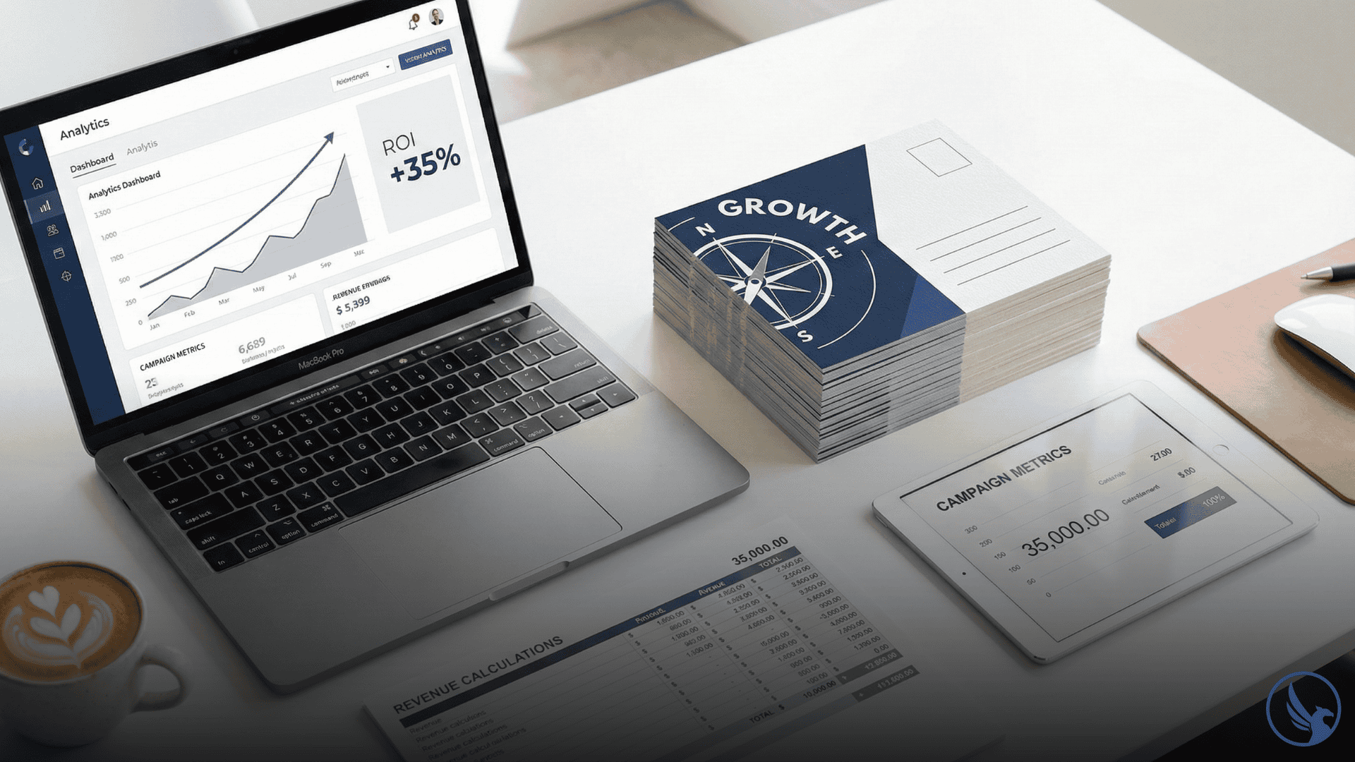 Postcard printing ROI local business analytics dashboard showing campaign performance metrics and direct mail samples