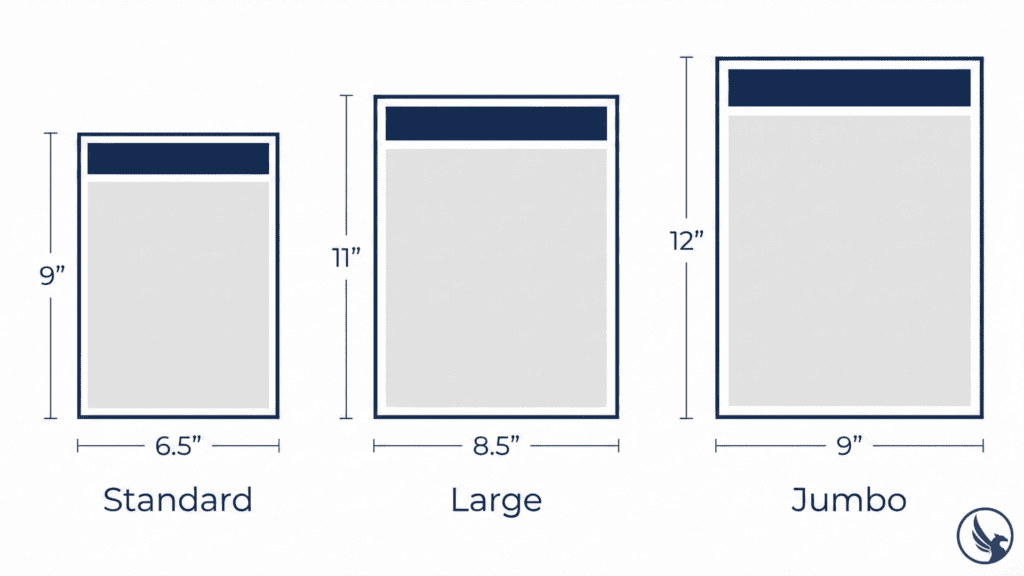  USPS-approved EDDM postcard sizes chart showing minimum and maximum dimensions for Every Door Direct Mail
